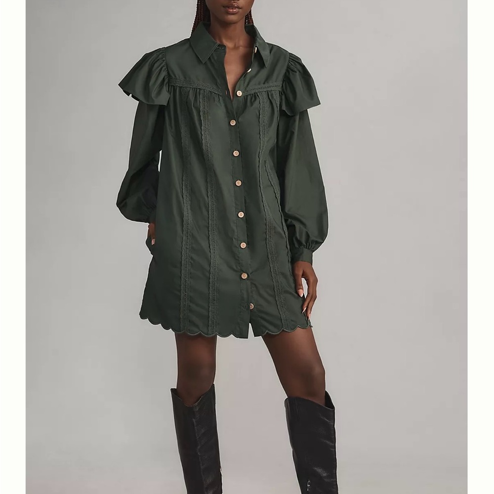 FARM Rio/Anthropologie Long Sleeve Ruffle Shift Mini Dress in Green Size S. NWT